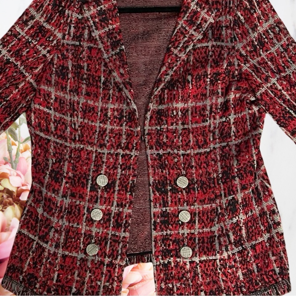 Misook Tweed Textured Plaid Jacket with Fringe Trim - Picture 10 of 12